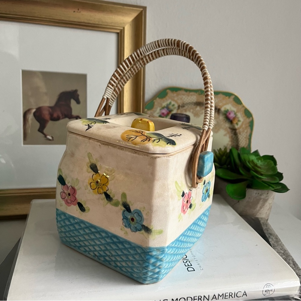 Vintage Mid-Century ARNART Japan Hand-Painted Flower Weave Design Biscuit Jar